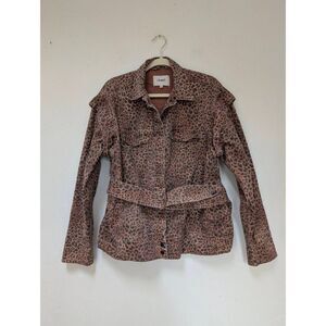 Chevignon Womens Cheetah Print Removable Sleeve Belted Denim Jacket Brown XL
